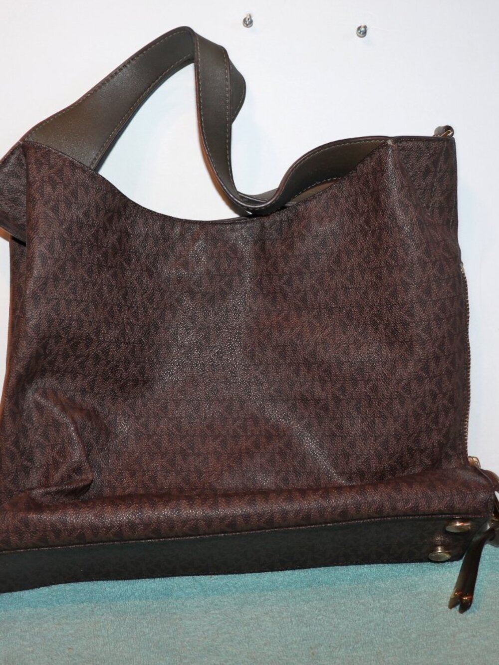Michael Kors Medium Signature MK Dark Brown Shoulder Satchel. Strap missing.14"X